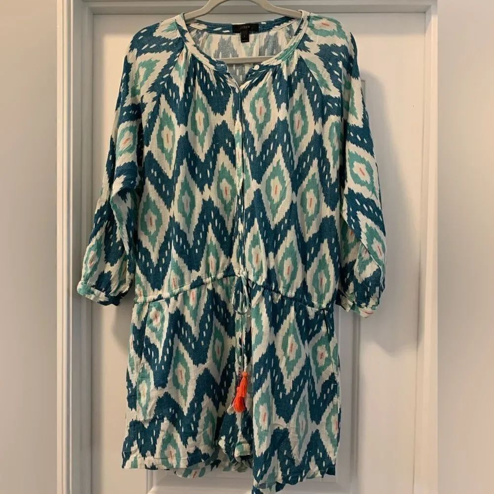 J. Crew Women’s Ikat Design 3/4 Sleeve Romper Size Large Cinch Waist Tassels